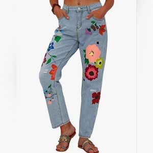Misslook Painted Flower Denim Jeans L